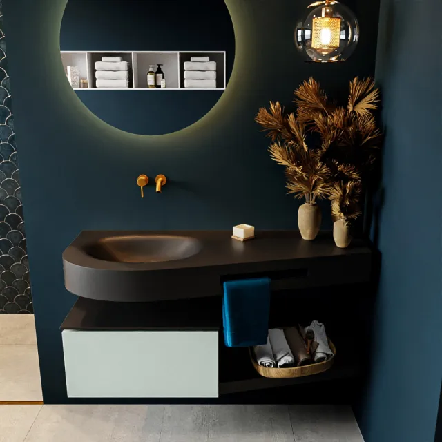 Mondiaz RIVA 120cm badmeubel onderkast / planchet kleur Greey met 1 lade. Wastafel DULCET links 0 kraangaten kleur Urban.