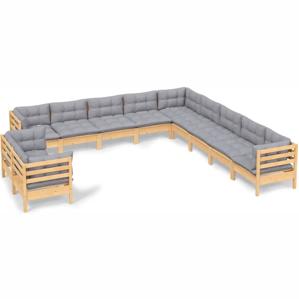 vidaXL 11-delige Loungeset met grijze kussens massief grenenhout Grijs