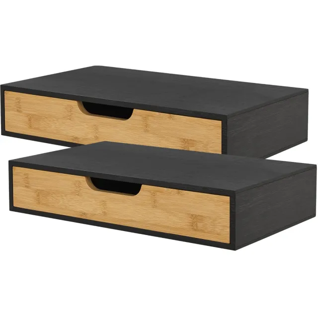 Famanu Wandplank set van 2 met lade, bamboe zwevende plank nachtkastje, 40x24x8 cm, zwart