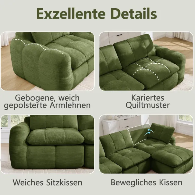 OKWISH Hoekbank 4-Zits - L-Vormige Modulaire Bank Met Karostepp Design En Ottoman - Brede, Diepe Zit Voor Woonkamer - Chenille - Groen Green