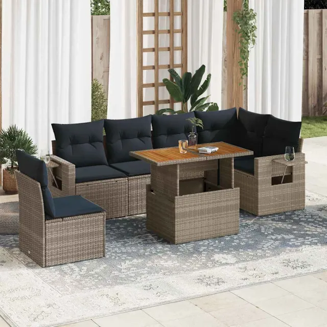vidaXL 7-delige Loungeset met kussens poly rattan grijs, foto 2