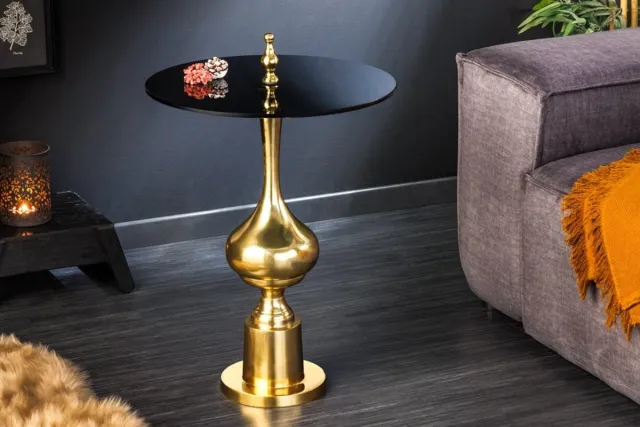 Invicta Interior Design bijzettafel ABSTRACT 45cm goud metaal zwart glazen blad handgemaakt rond - 42228 Zie omschrijving