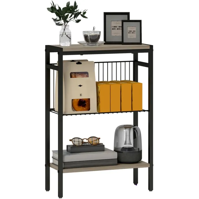 MokoHub Smalle Bijzettafel 3-Laags met Open Planken - Stalen Structuur - Woonkamer en Slaapkamer - 43x18x62.5 cm - Grijs Zwart