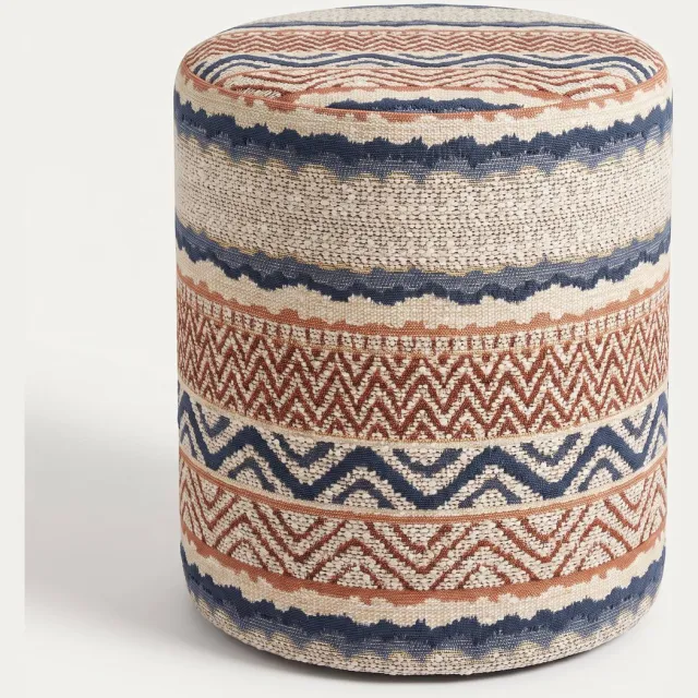 Mörgenn Poef Stripe Terra Blue - Ronde Poef en Voetenbank - Jacquard Streep - 40x40x40 cm
