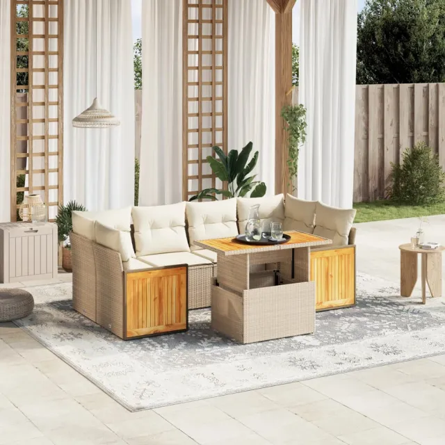 vidaXL 7-delige Loungeset met kussens poly rattan beige, foto 2