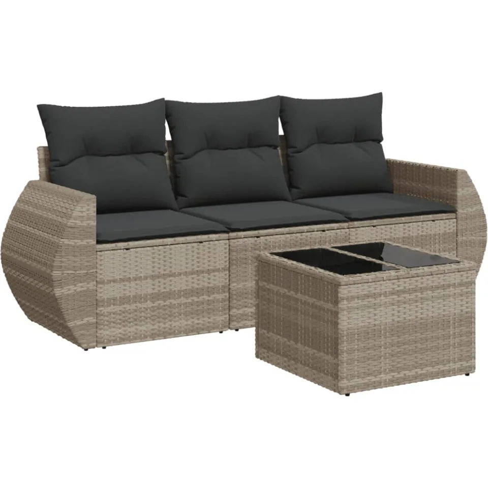 vidaXL 4-delige Loungeset met kussens poly rattan lichtgrijs grijs, foto 3