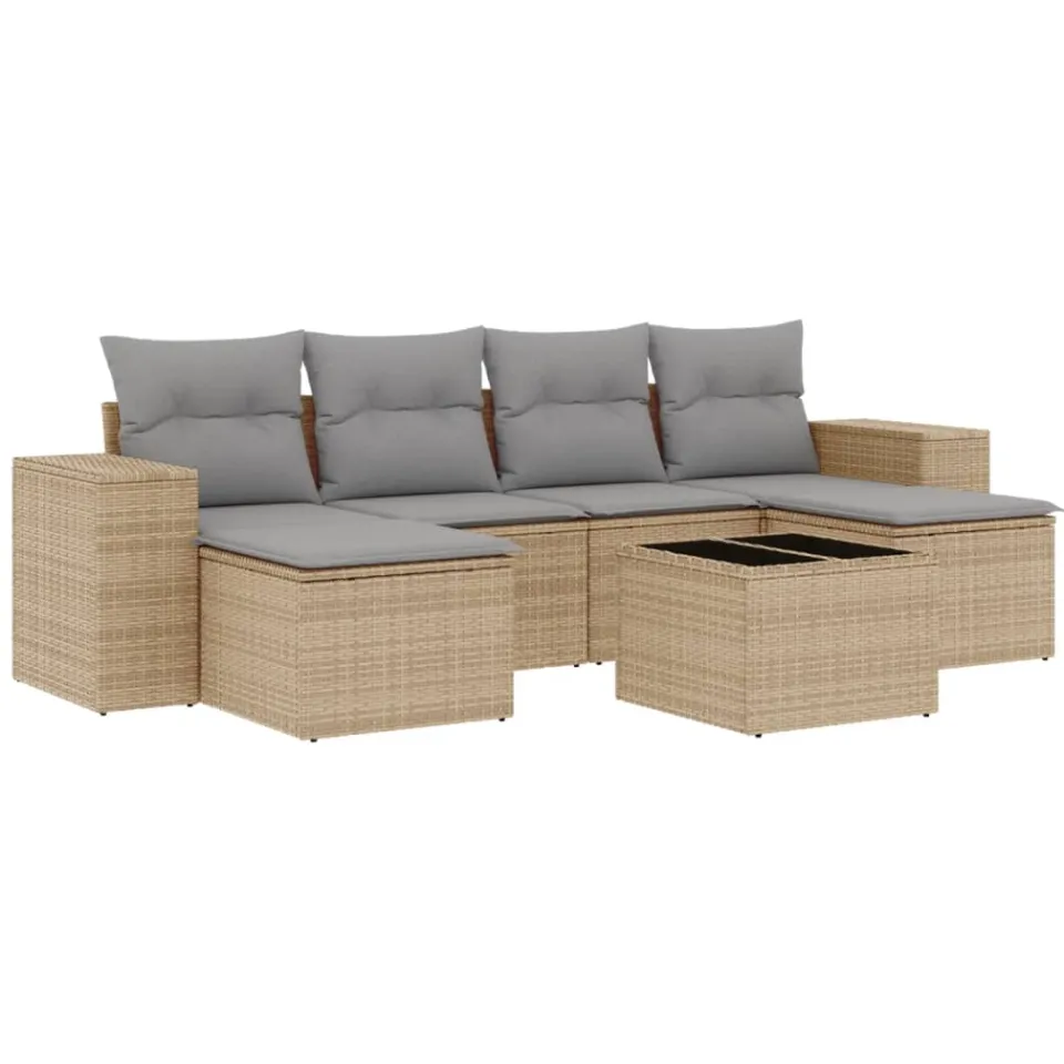 vidaXL 7-delige Loungeset met kussens poly rattan beige, foto 3