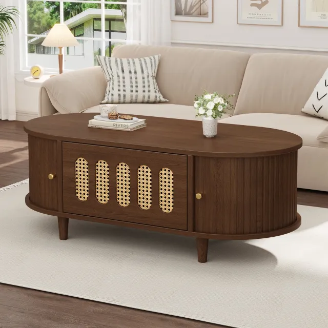 Sweiko Salontafel - Met lade - Schuifdeuren - Houten poten - 100 × 50 × 40 cm - Walnootkleur