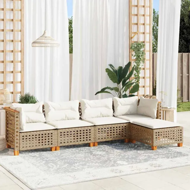vidaXL 5-delige Loungeset met kussens poly rattan beige, foto 2