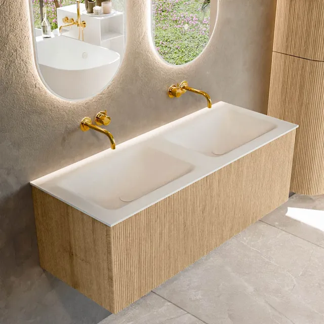 Mondiaz KURVE 120 cm Onderkast Greeploos 1 Lade Zonder Deuren Oak, Wastafel Solid Surface Dubbel Talc 0 Kraangaten Zonder Spiegel (KRVCLO1201L0D0KD-Oak/Tal)