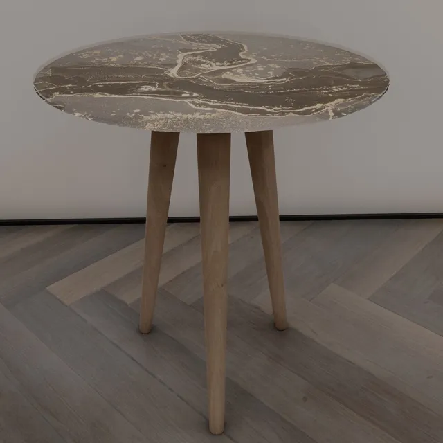 DECORITA Nesttafel / Bijzettafel | Houten Been| Gehard (onbreekbaar) glas|Bruin Marmerlock tafel|Diameter40cm