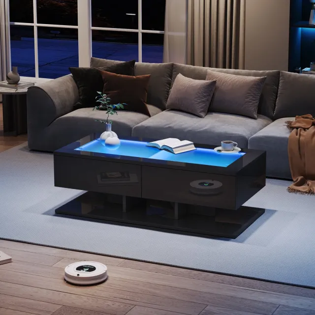 REDOM Salontafel hoogglans 100×50×35 cm — zwart, gehard glas, 2 lades, USB-LED met app-bediening, 45 kg draagvermogen
