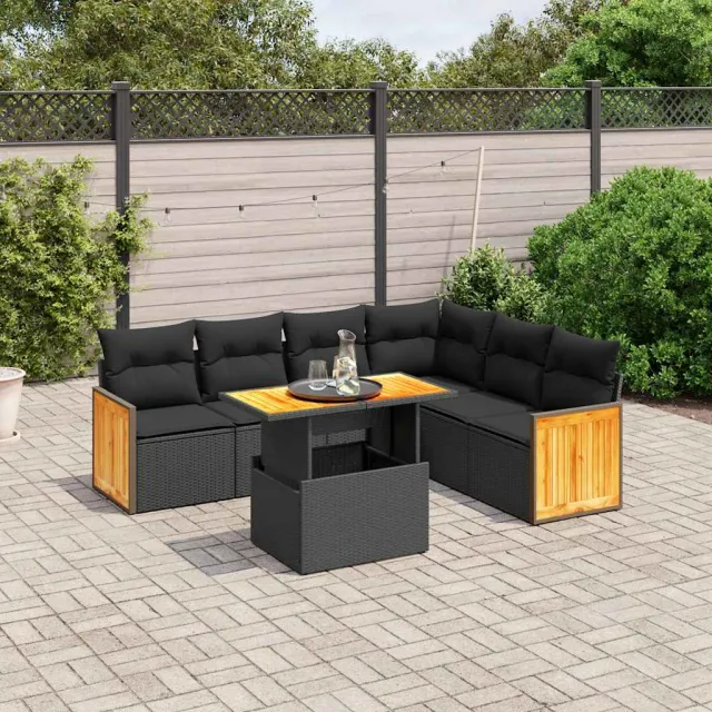 vidaXL 7-delige Loungeset met kussens poly rattan zwart, foto 2