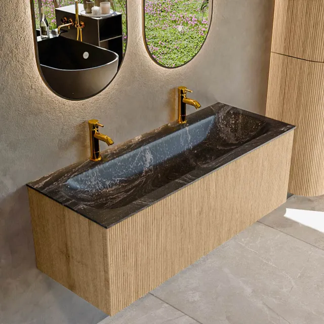Mondiaz KURVE-DLUX 120 cm Onderkast Greeploos 1 Lade Zonder Deuren Oak, Wastafel Solid Surface Volledig Lava 2 Kraangaten Zonder Spiegel (KRVBGL1201L0D2KM-Oak/Lav)
