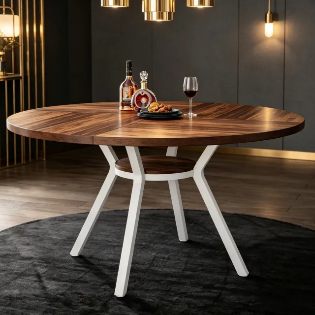 HAUSS SPOLE Eettafel - Rond Tafelblad met Onderste Legplank - voor Eetkamer en Keuken - Hout en Metaal - Bruin en Wit - 120x120x76 cm