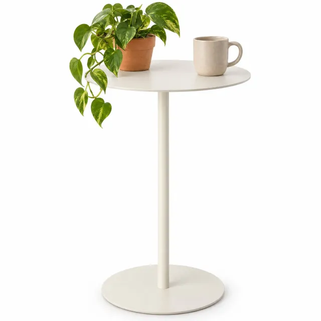 Cheqo Bijzettafel Rond - Banktafel - Salontafel - Koffietafel - Nachtkastje - Sidetable - Tafeltje - Witte Bijzettafel Metaal - Plantentafel - Plantenstandaard - Bedtafel - Telefoontafel - Hoektafel - Kleine Tafel voor Woonkamer en Slaapkamer