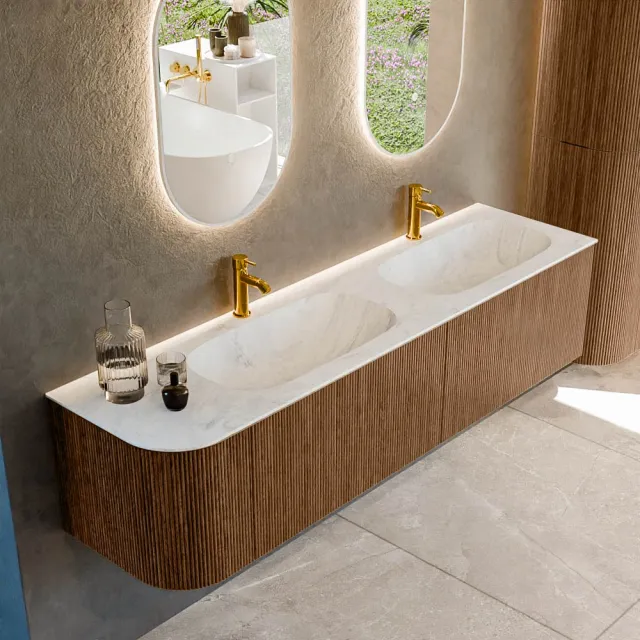 Mondiaz KURVE-DLUX 175 cm Onderkast Greeploos 2 Lades Met Deuren Walnut, Wastafel Solid Surface Rechts Opalo 2 Kraangaten Zonder Spiegel (KRVSTS175L2L1D2KD-Wal/Opa)