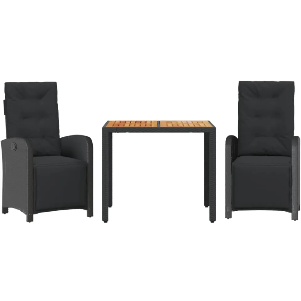 vidaXL 3-delige Bistroset met kussens poly rattan zwart