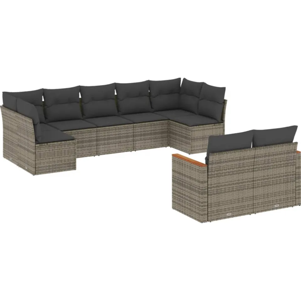 vidaXL 9-delige Loungeset met kussens poly rattan grijs