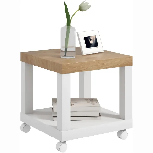 Atlasyx bijzettafel - Houten - Klein bijzettafeltje - Met opbergruimte - Vierkant - 4 zwenkwielen - 40 x 40 x 40 cm - Naturel/wit Naturel/eiken en wit