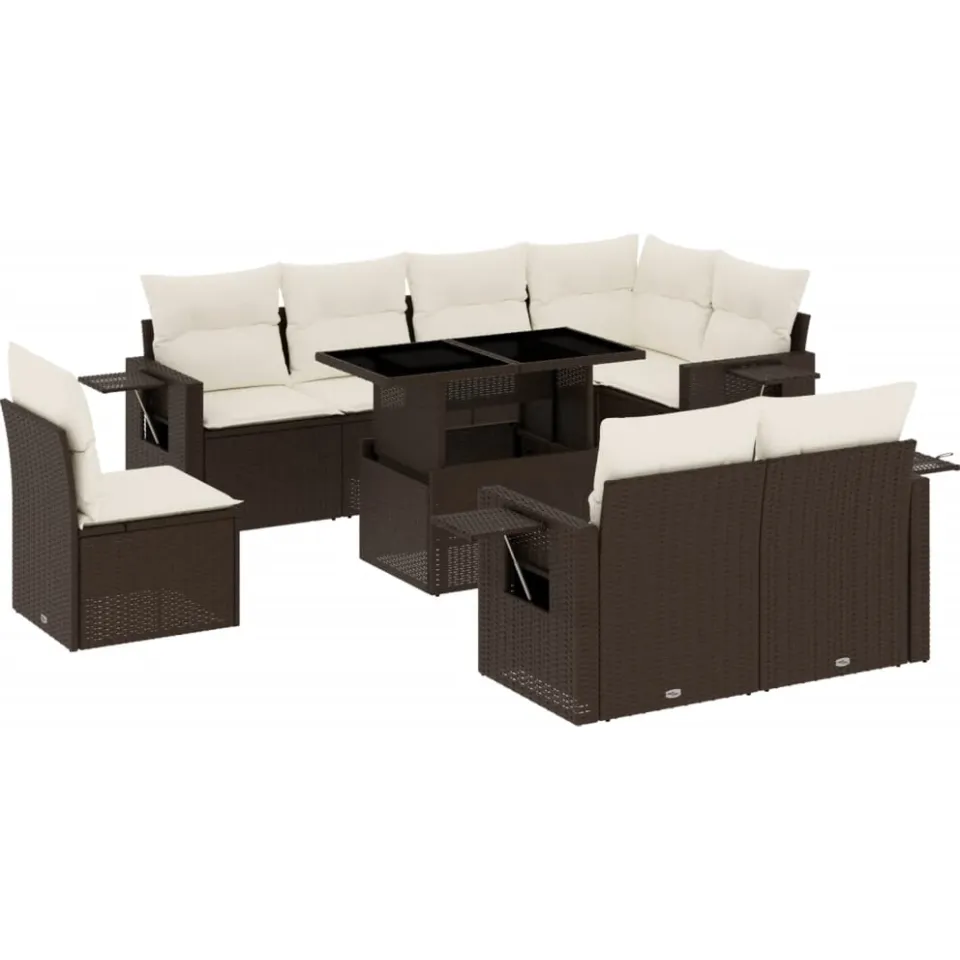 vidaXL 9-delige Loungeset met kussens poly rattan bruin