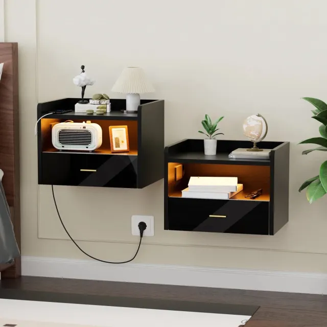 M Goods M-Goods - Zwevend Nachtkastje met LED & Stopcontact – Set van 2 – Wand Nachtkastjes met Lade & USB – Modern Zwart/Wit – Nachtkastje met Verlichting