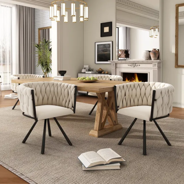 REDOM Eetkamerstoelenset 4-delig - Draaibaar 360° - Modern - Fluweel en Metaal - Beige