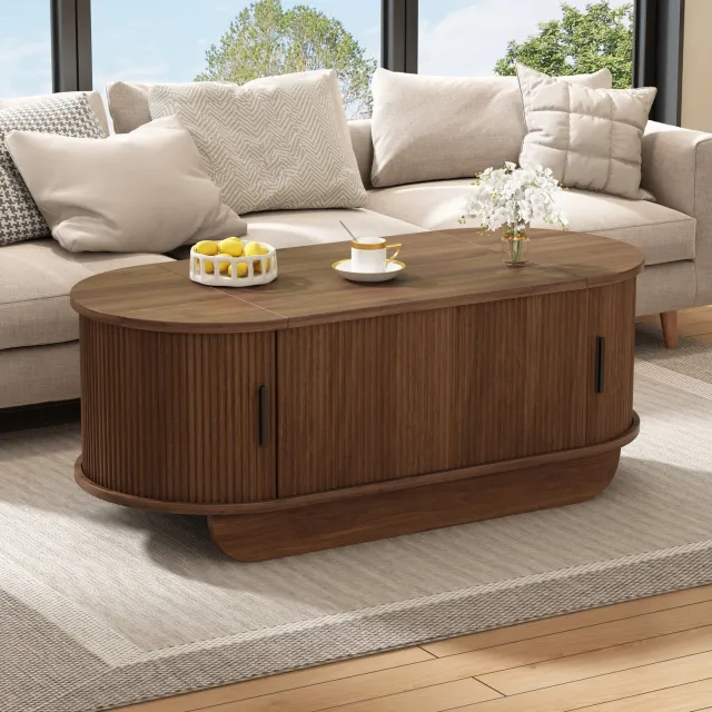 MIVRAY Salontafel - Ovaal en in Hoogte Verstelbaar met Opbergruimte en Roldeuren - Voor de Woonkamer - MDF in Walnootkleur - 100 x 50 x 42 cm