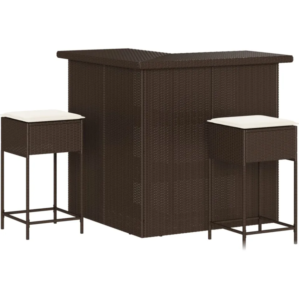 vidaXL 3-delige Tuinbarset met kussens poly rattan bruin