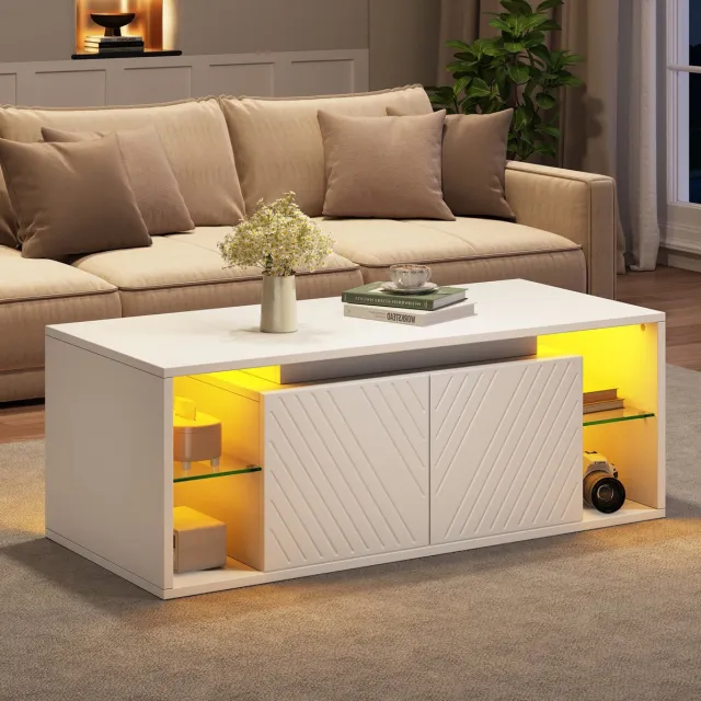 FloraGrace Salontafel - Ledverlichting En Opbergruimte Met 2 Deuren - Voor Moderne Woonkamer - Spaanplaat - 100 x 50 x 41 cm - Wit
