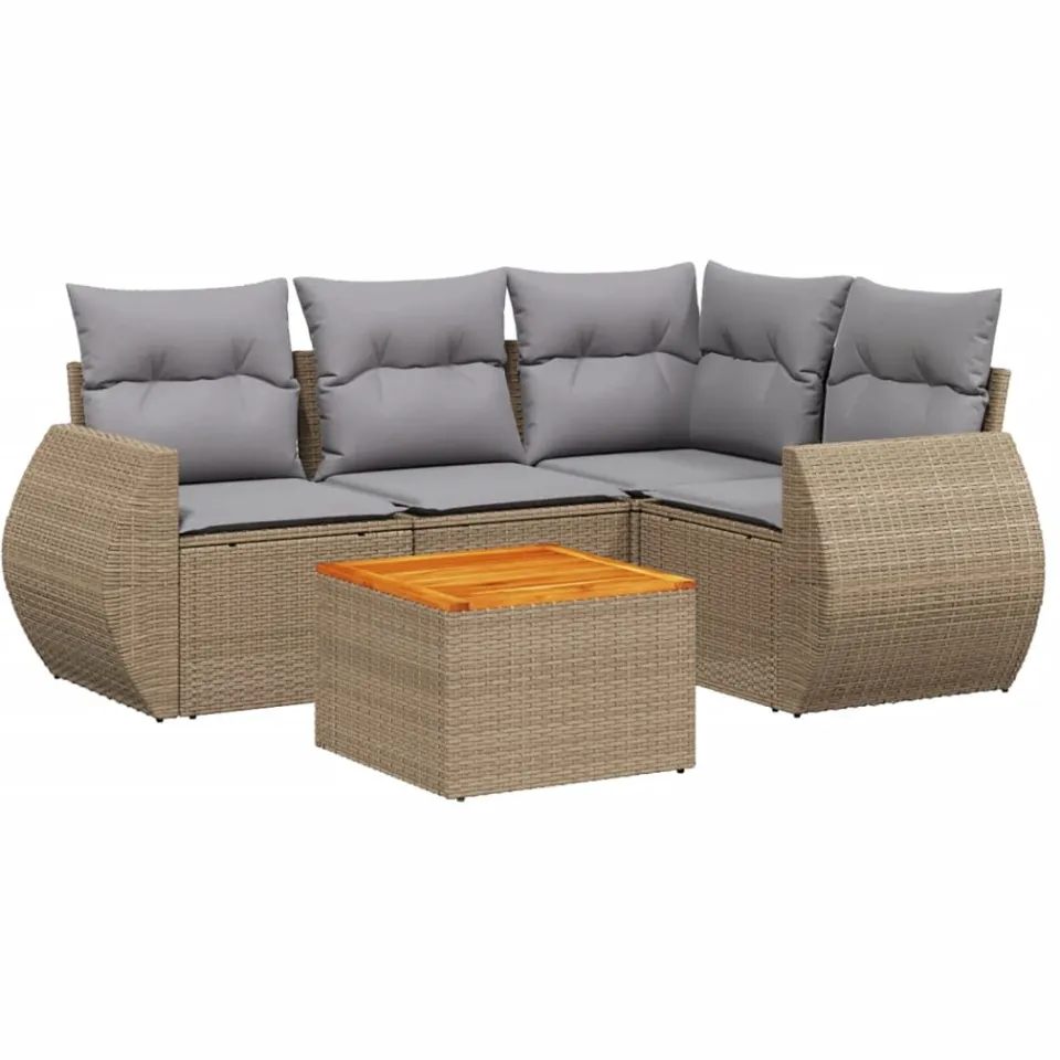 vidaXL 5-delige Loungeset met kussens poly rattan beige, foto 3