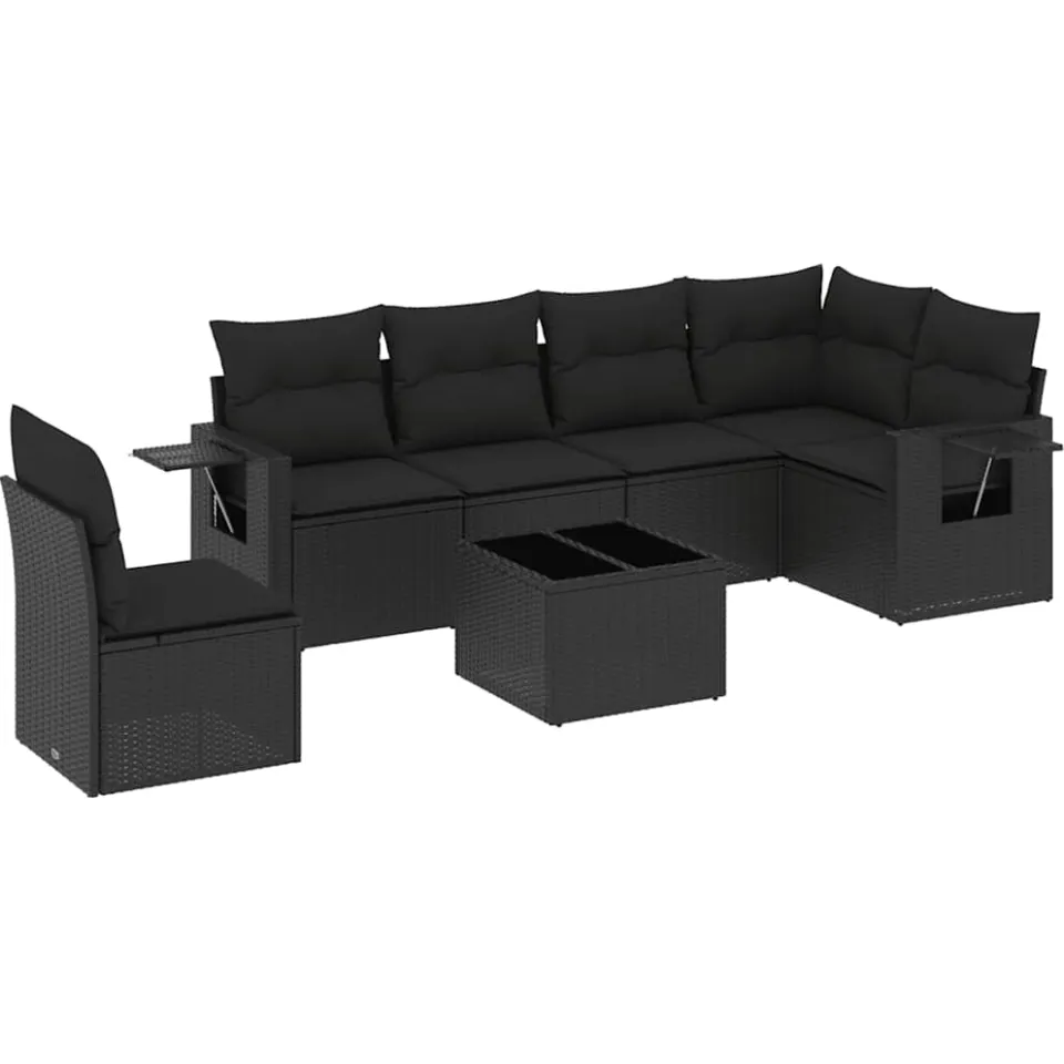 vidaXL 7-delige Loungeset met kussens poly rattan zwart, foto 3