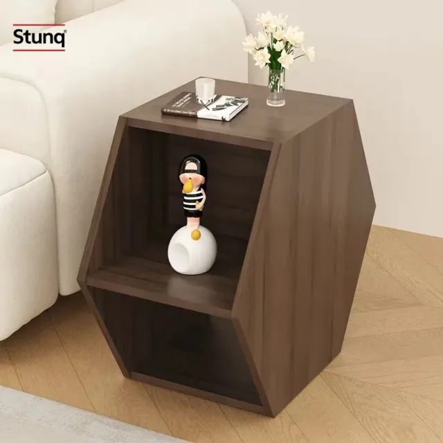 Stunq Zeshoekige Bijzettafel Massief Hout Donkerbruin