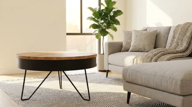 House&Garde Salontafel Rond 80 cm – House&Garden Saran Industrieel Design Salontafel – Mango Hout & Zwart Metaal – Moderne Bijzettafel/Woonkamertafel 80x80x43 cm – Handgemaakt Uniek Meubel Naturel / Zwart