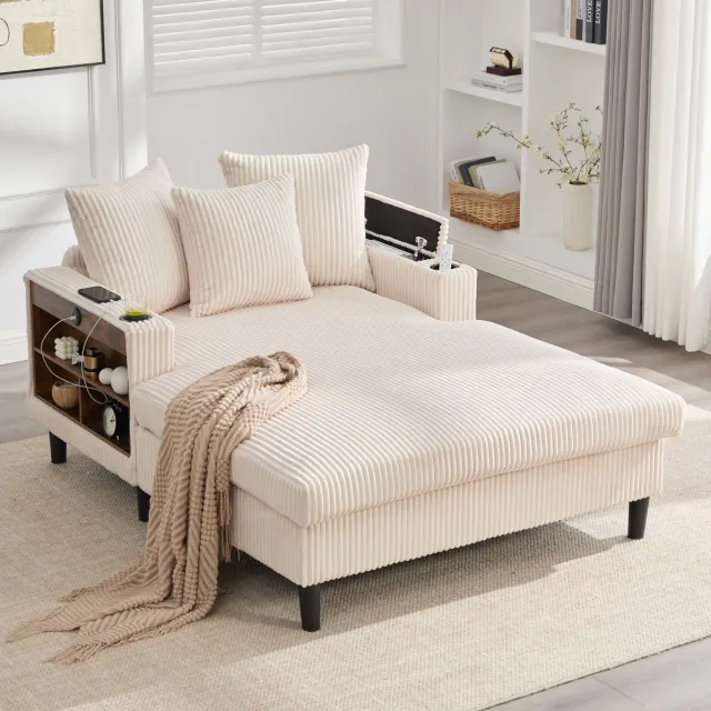 FloraGrace Chaise Longue 129 x 170 cm - Met Led, Usb, Opbergruimte En Bekerhouders - Woonkamer - Corduroy - Beige