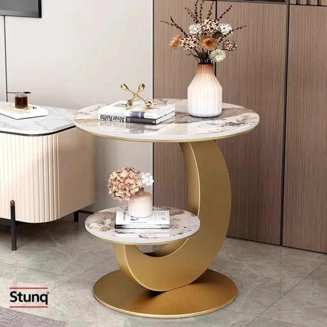 Stunq Ronde bijzettafel goud met wit marmer