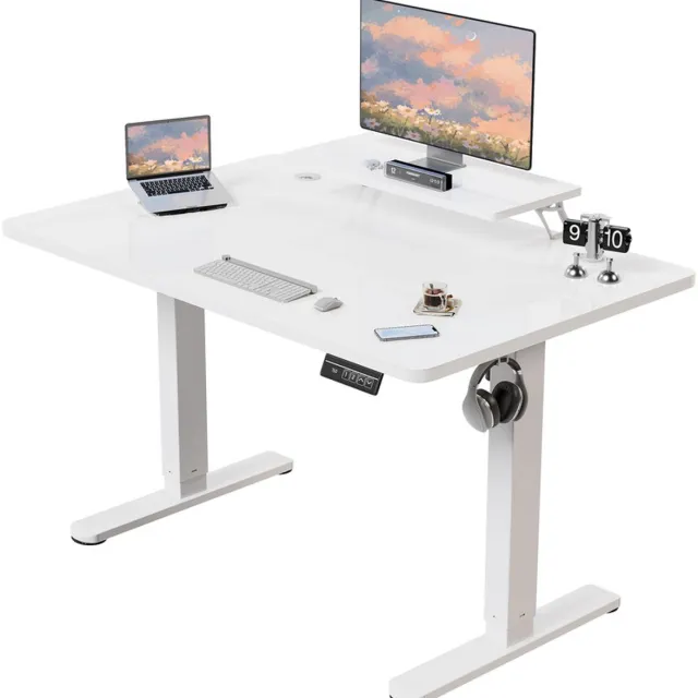 Devoko Elektrisch Zit-Sta Bureau met Monitorstandaard – 140 × 60 cm (B × D) – Stille Motor, Anti-collisionfunctie, 2 Geheugenstanden en LED-display – Draagvermogen 75 kg – Wit
