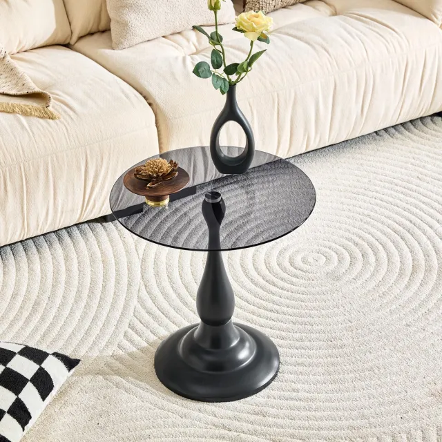 MODENUIT Ronde Bijzettafel - Geharde Glasplaat - Voor Woonkamer En Slaapkamer - Metaal - Zwart - 50 X 51,5 Cm
