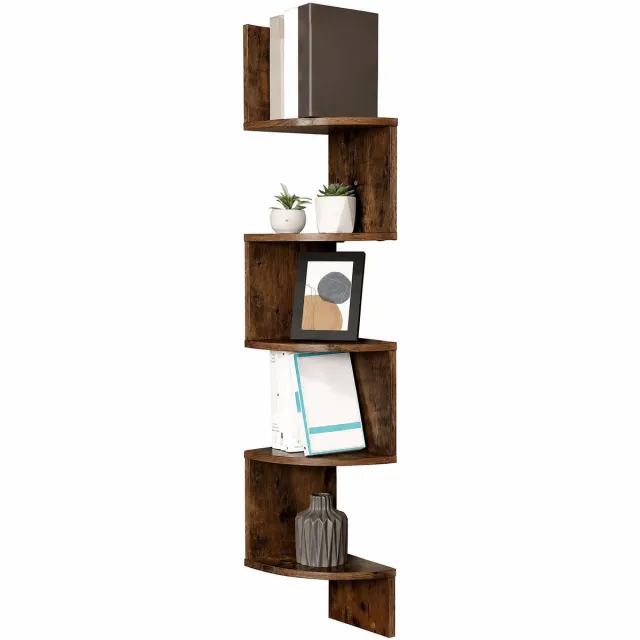 S-S Hoekplank Met 5 Niveaus - Zigzag Wandplank / Zwevende Boekenkast - Ruimtebesparend Hoekrek Voor Boeken, Decoratie En Planten - Rustiek Bruin Voor Keuken, Slaapkamer, Woonkamer En Kantoor