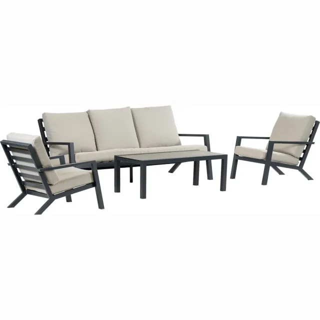 4 Seizoenen Tuinmeubelen Stoel-bank loungeset Bezano | 4-delig | 5 personen | Off White/Matt Black | Aluminium Matt Black, Grey, Off White
