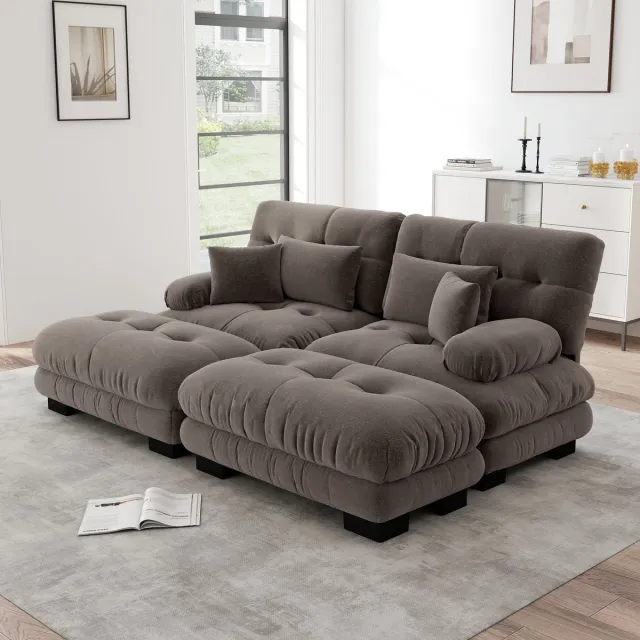 OKWISH Hoekbank - Modulaire 2-Zits Met 2 Ottomans En Kussens - Diepe Zitting Voor Woonkamer Of Kantoor - Chenille - Bruin