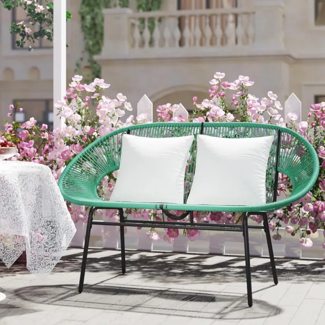 Laura Garden Bench 2-Seater Outdoor Sofa 132 x 72 x 83 cm – Woven Resin Rope, Curved Seat, Armrests, Cushions Included – Durable Steel Frame, Weatherproof Dark Green – Laura Donkergroen