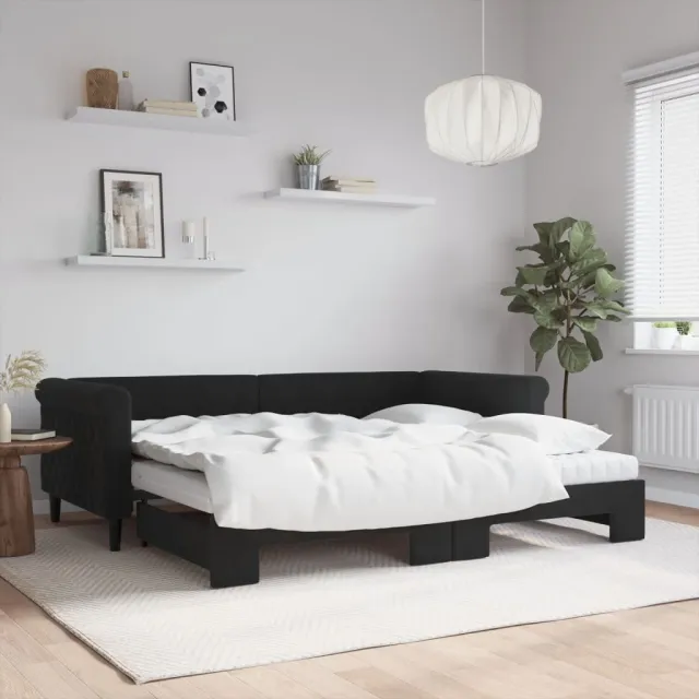 vidaXL Slaapbank onderschuifbed en matrassen 90x200 cm fluweel zwart