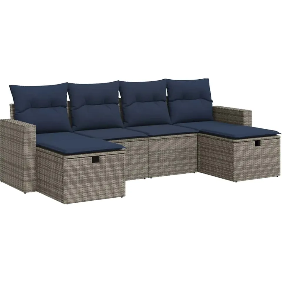 vidaXL 6-delige Loungeset met kussens poly rattan grijs, foto 3