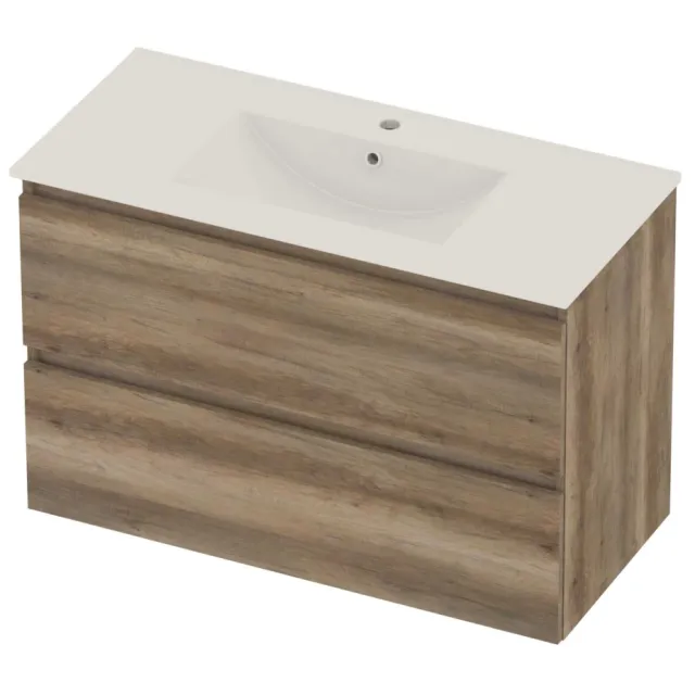 Basic-Line Coach 46 Badmeubelset Porselein 1 Kraangat Greeploos 100x46x62 cm Scotch Oak Glans Wit