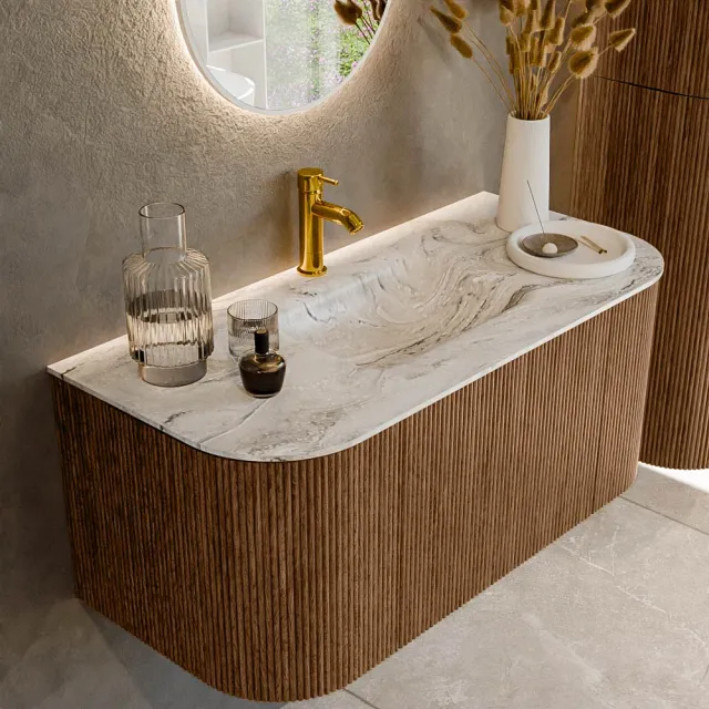 Mondiaz KURVE-DLUX 100 cm Onderkast Greeploos 1 Lade Met Deuren Walnut, Wastafel Solid Surface MIdden Glace 1 Kraangat Zonder Spiegel (KRVGRU100L+R1L2D1KM-Wal/Gla)
