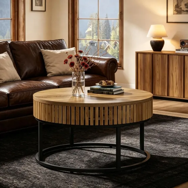 MODENUIT Salontafel - Rond Tafelblad met Sierlatten - Woonkamer - MDF en Metaal - Bruin en Zwart - 80x80x45 cm
