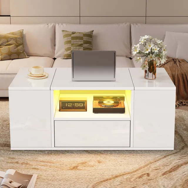 MODFU Salontafel - Met Lade En 6 Opbergvakken - Modern - Voor Woonkamer - Spaanplaat - Wit - 100 x 50 x 40 cm