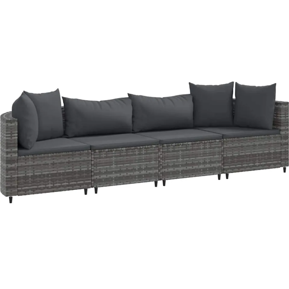 vidaXL 4-delige Loungeset met kussens poly rattan grijs, foto 3