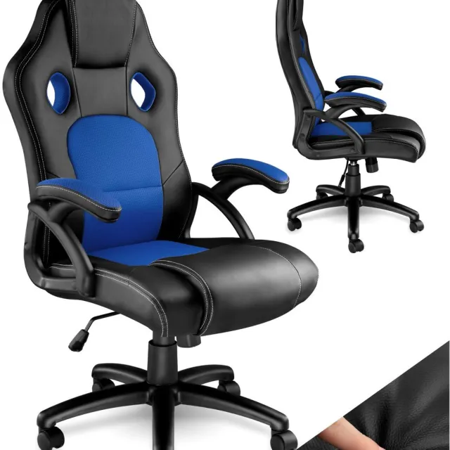 Tectake Racing bureaustoel - Gamingstoel met schommelfunctie - Ergonomische directiestoel - In hoogte verstelbare, draaibare stoel met wielen - PC-Stoel - Gamestoel - Maximale belasting 120 KG - Afmeting (LxBxH) 65x66x111,5 cm-121,5 cm - Zwart/blauw zwart blauw
